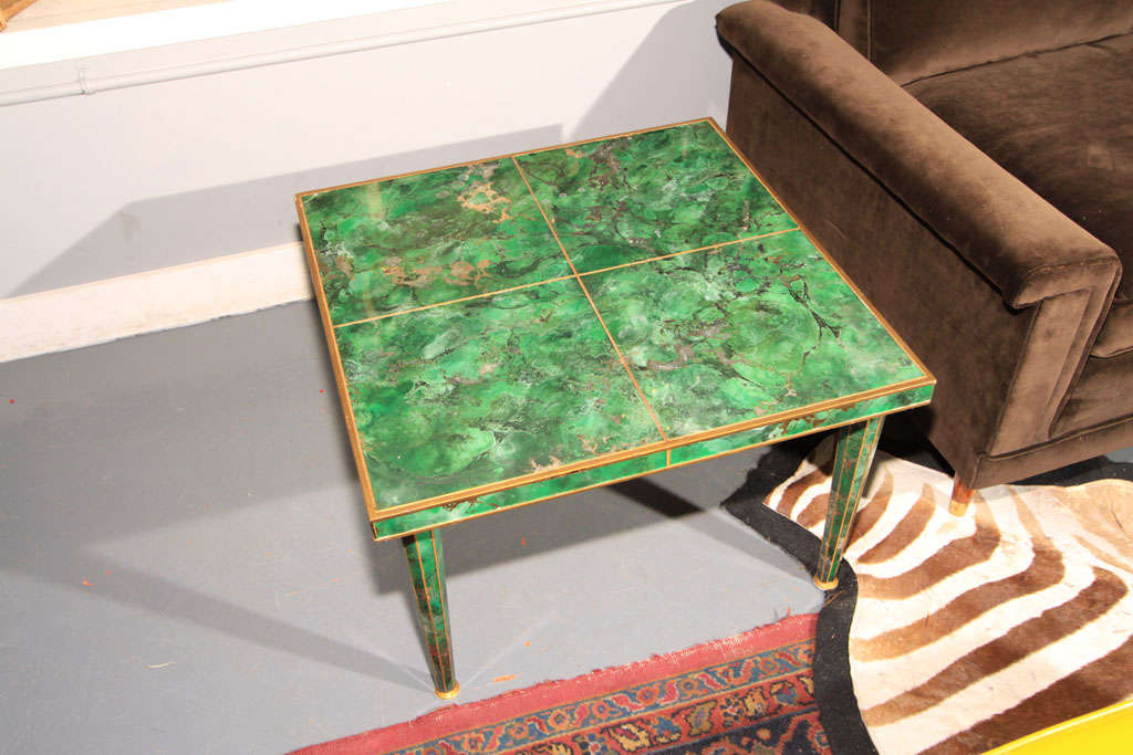 Pair mid century malachite green mirrored side tables