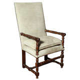 A Jacobean Style Open Arm Chair with Olive Suede