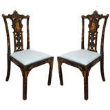 Antique Pair of Ebonized 
Japanned Chinese Chippendale Side Chairs