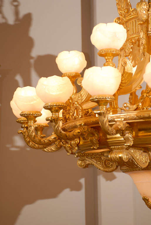 Antique Chandelier. Imposing giltwood and alabaster chandelier In Excellent Condition For Sale In Atlanta, GA