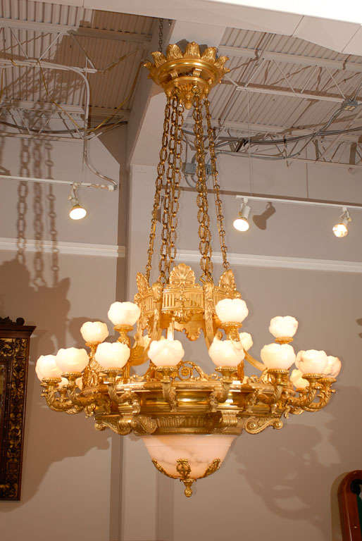 Magnificent giltwood and alabaster Russian chandelier in the Empire style