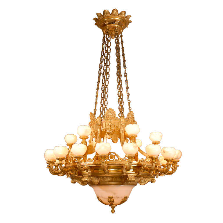Antique Chandelier. Imposing giltwood and alabaster chandelier