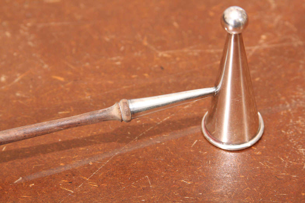 English Sterling and Wood Candle Snuffer For Sale