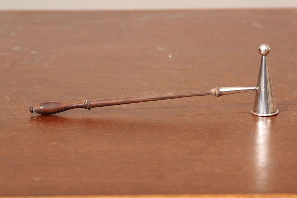 English hallmarked sterling and wood candle snuffer. Engraved with 