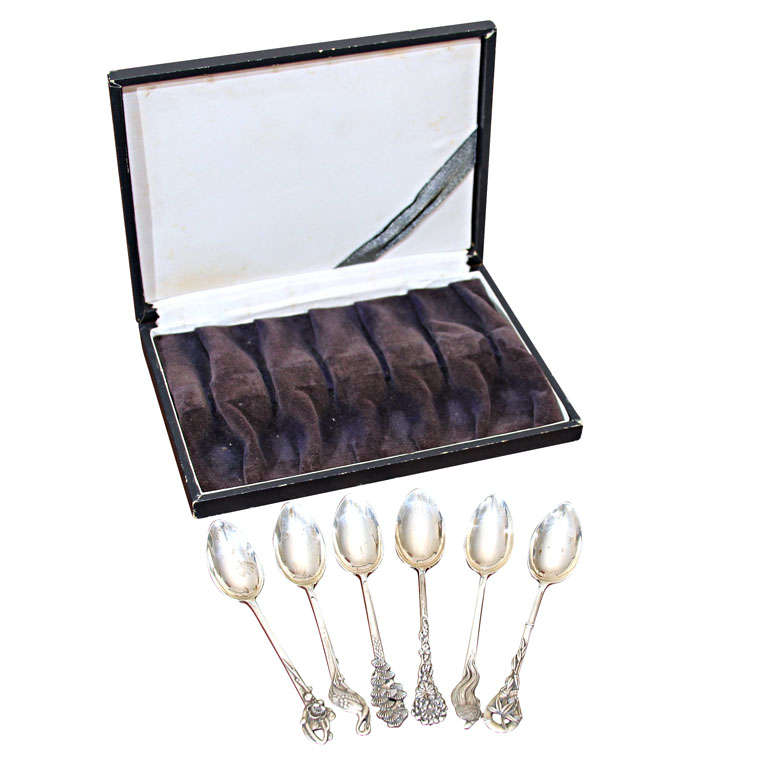 Set of Japanese Silver Demitasse Spoons In Box For Sale