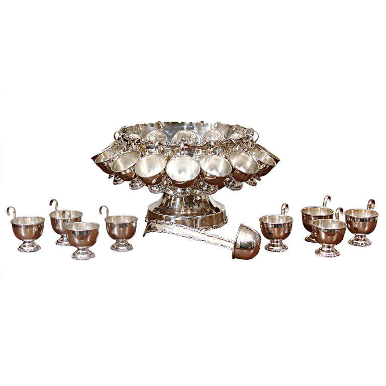 Silver Punch Bowl and Cups For Sale