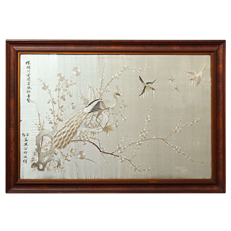 Embroidered Silk Wall Hanging in Frame For Sale