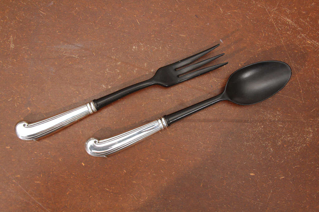 Black Mahogany Wood and Sterling Silver Salad Spoon and Fork