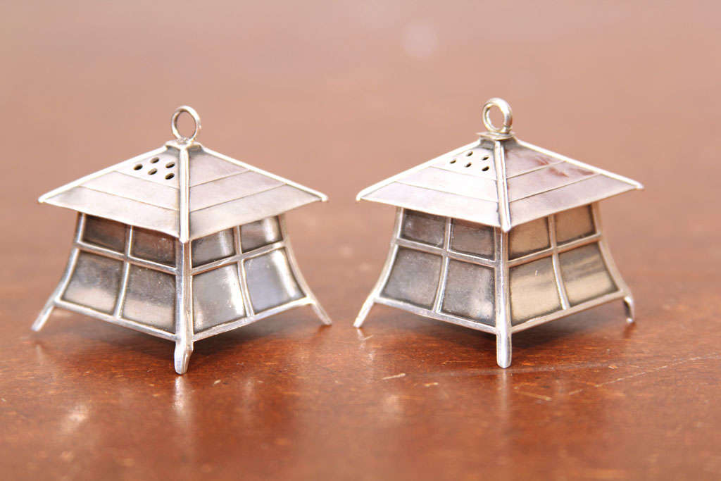 Unknown Sterling Silver Pagoda Salt and Pepper Shakers For Sale