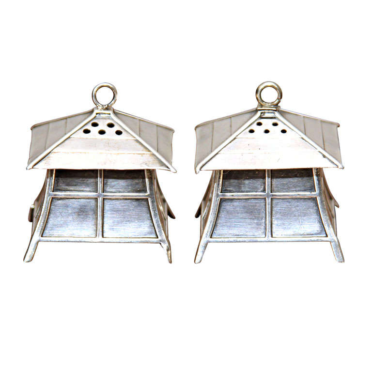 Sterling Silver Pagoda Salt and Pepper Shakers For Sale