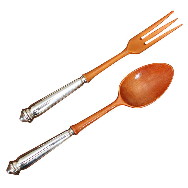Mahogany and Sterling Salad Spoon and Fork For Sale at 1stDibs