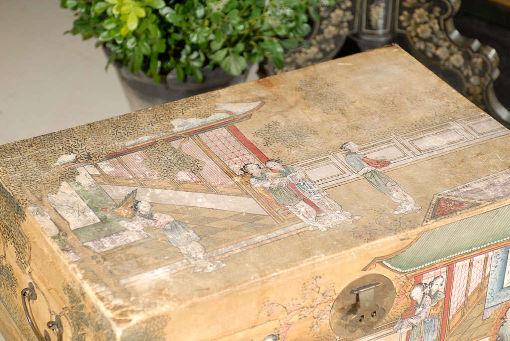 19th Century Chinese Painted Leather Trunk In Good Condition In Atlanta, GA
