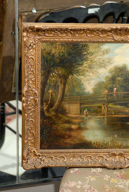 English Landscape Painting of Fishermen on a Bridge In Excellent Condition In Atlanta, GA