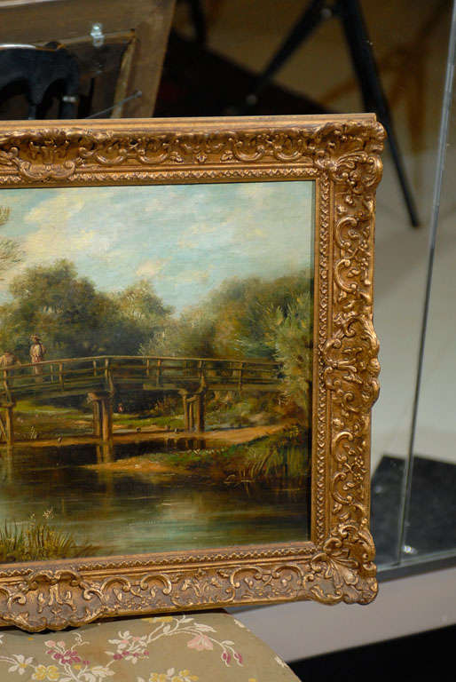 19th Century English Landscape Painting of Fishermen on a Bridge