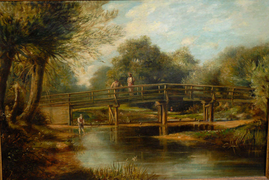 Canvas English Landscape Painting of Fishermen on a Bridge