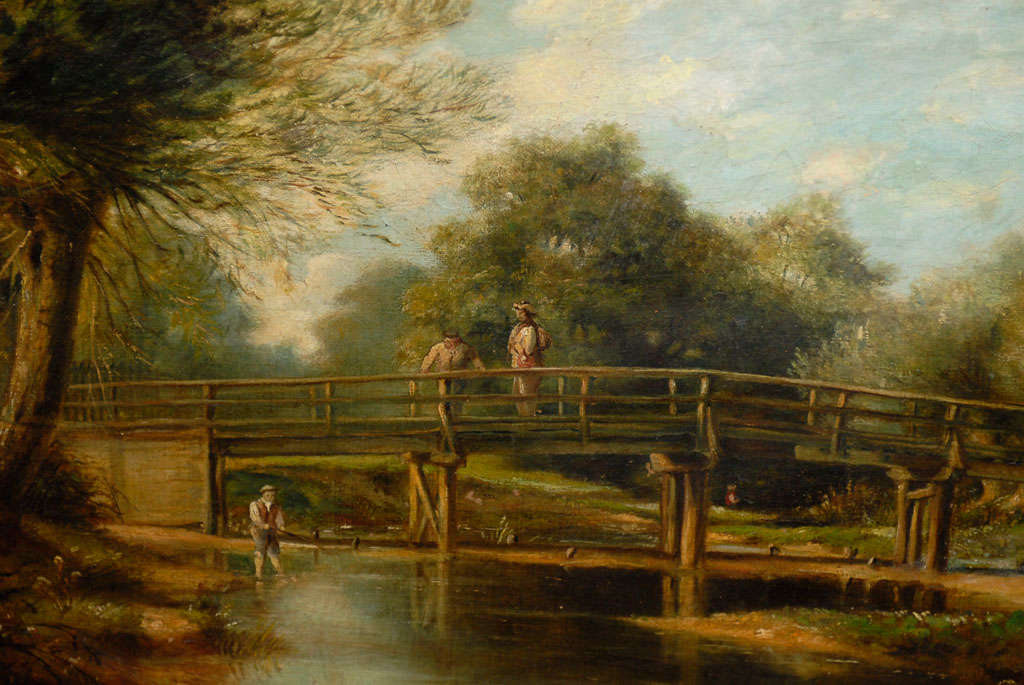 English Landscape Painting of Fishermen on a Bridge 2
