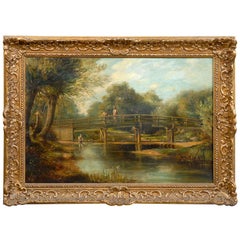English Landscape Painting of Fishermen on a Bridge