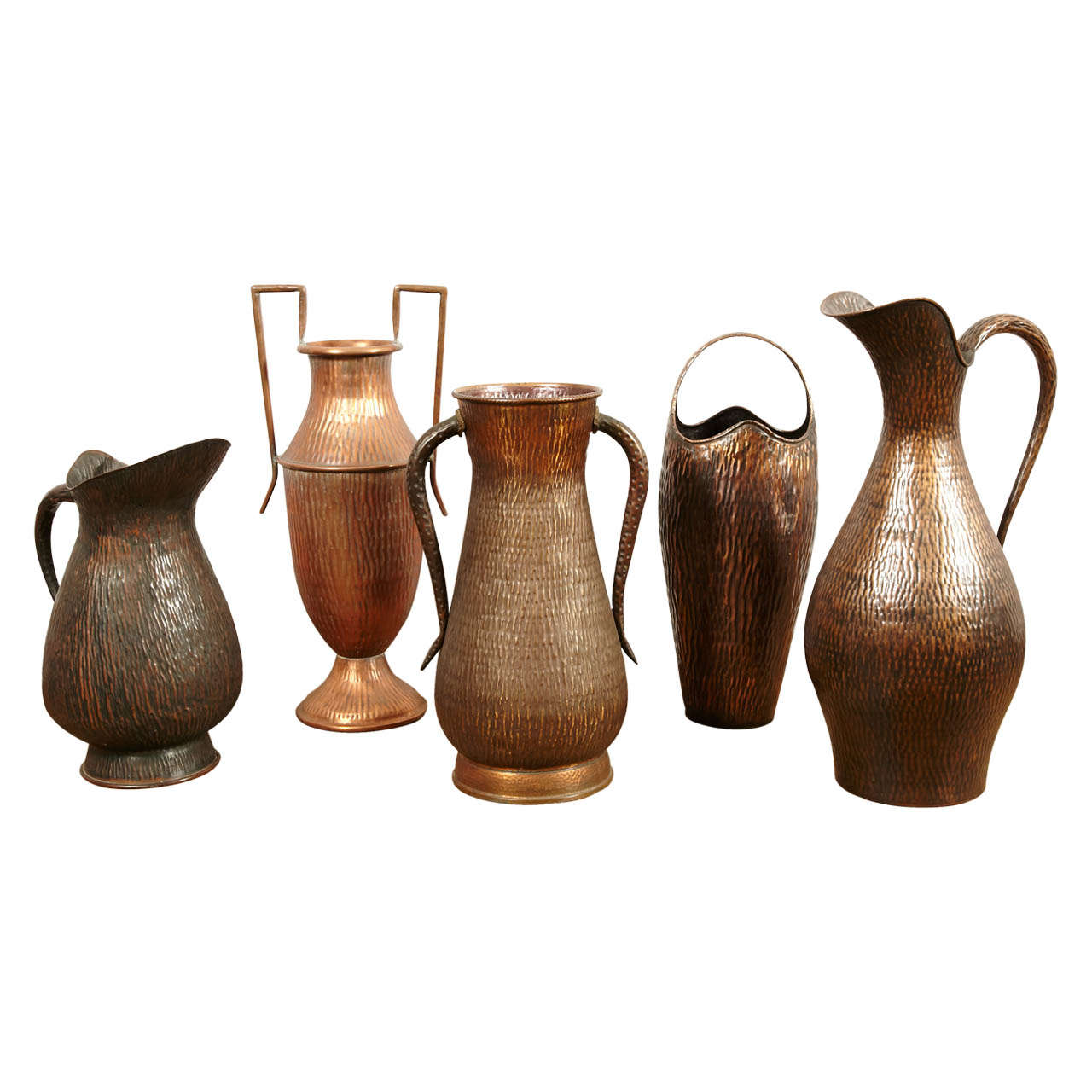 A Collection Of 5 Hammered Brass Vases, Italy 1950's