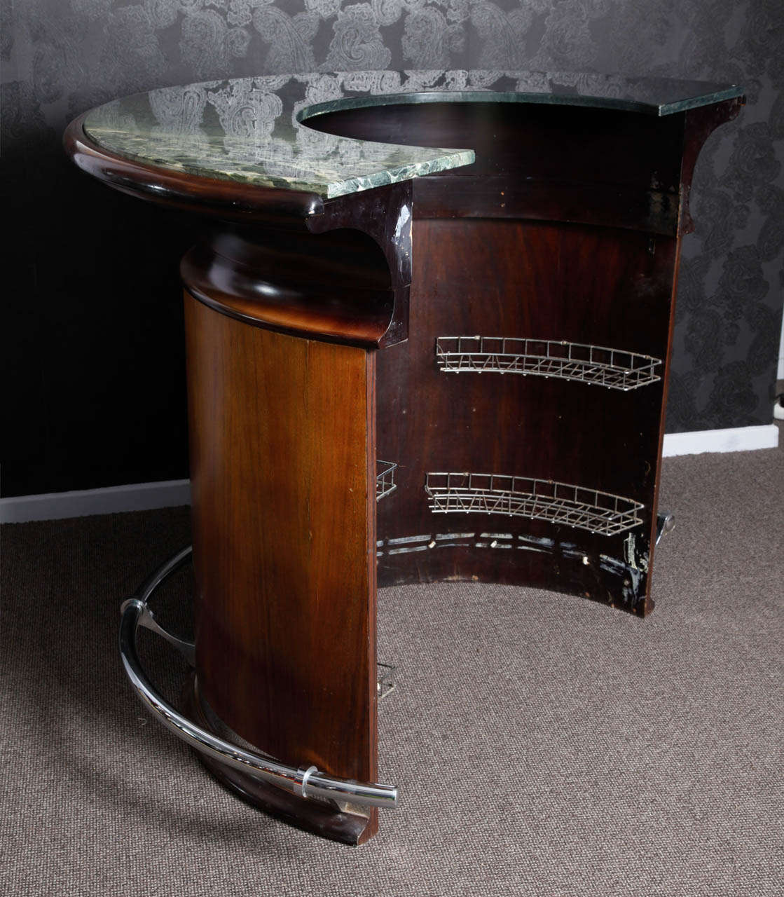 1930's art-deco bar ,dark rosewood veneer ,finished with hand made French polish, green colored marble top .
There is a possibility to purchase two matching bar stools, shown as well in my storefront.