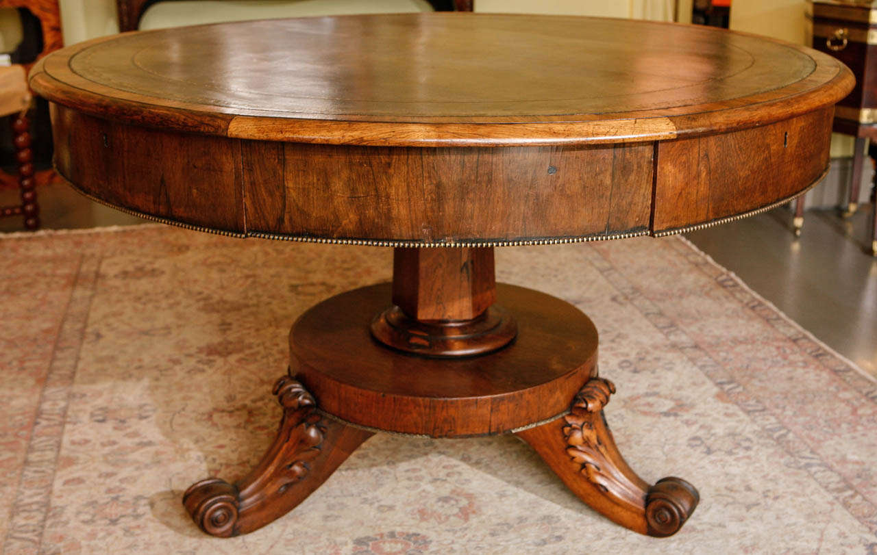 Irish Mahogany Round Leather Inset Library Table with Dublin Cabinet Makers Label in drawer, c. 1850