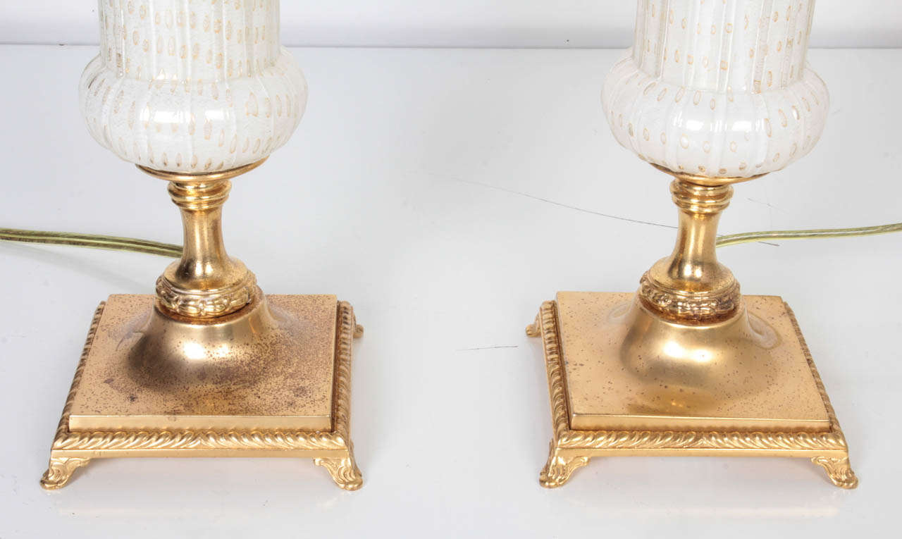 White and Gold-flecked Italian Glass Lamps from Murano, Italy In Good Condition In New York, NY
