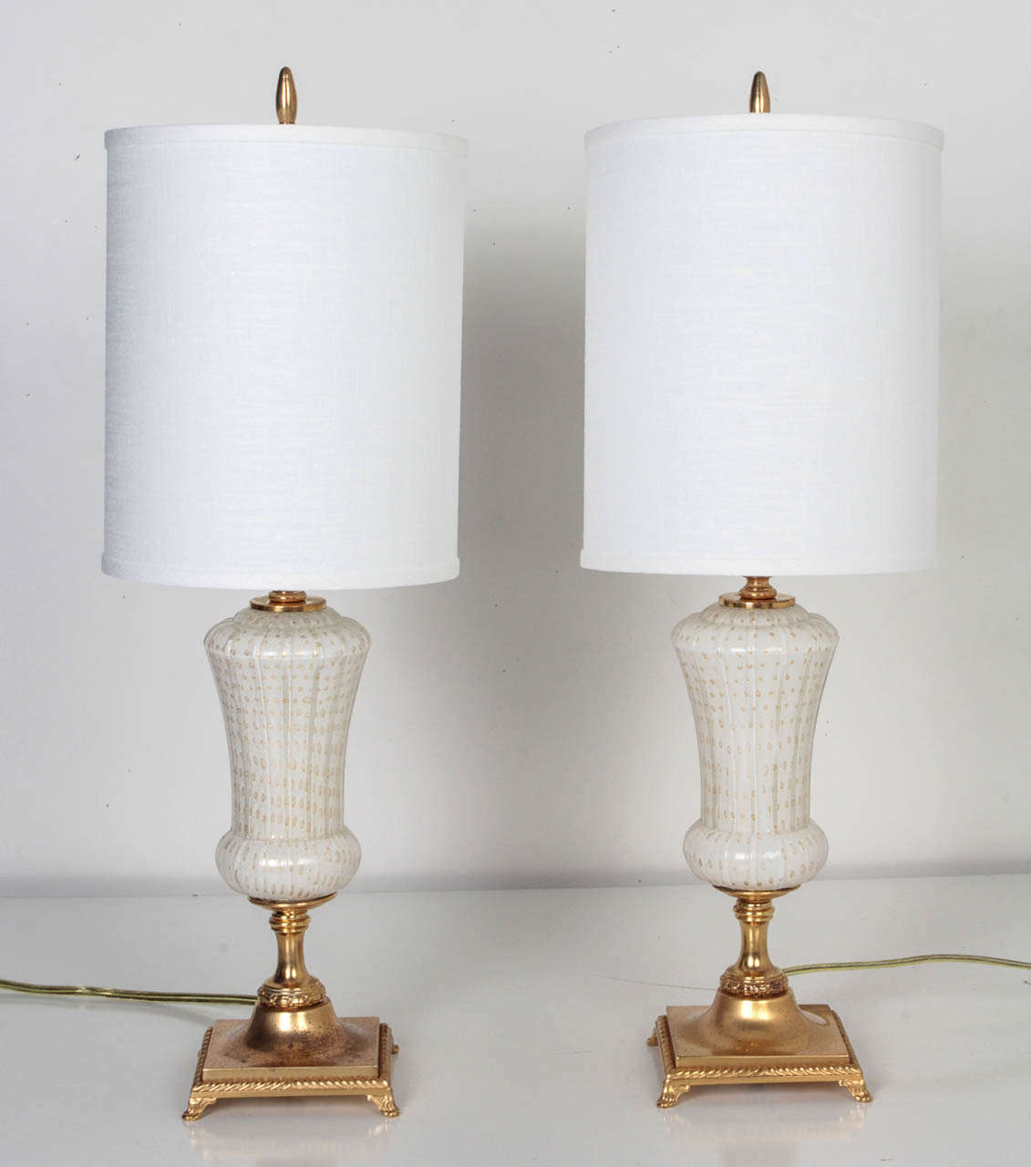 Brass White and Gold-flecked Italian Glass Lamps from Murano, Italy