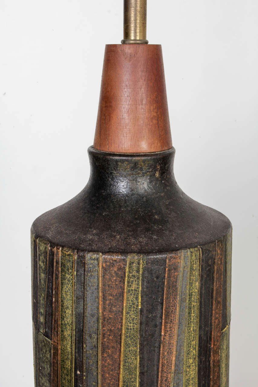 Italian Raymor Textured Ceramic and Teak Table Lamps Designed by Aldo Londi, Circa 1950s