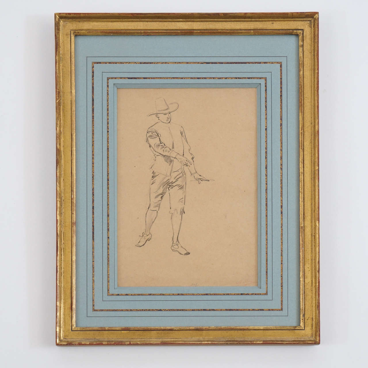 Figurative pencil sketch of a gentleman in 17th century attire by French artist Adrien-Emmanuel Marie (1846 - 1891) housed in a water-gilt frame with blue double-border French matting.  Signed lower right.  Provenance:  Originally purchased at