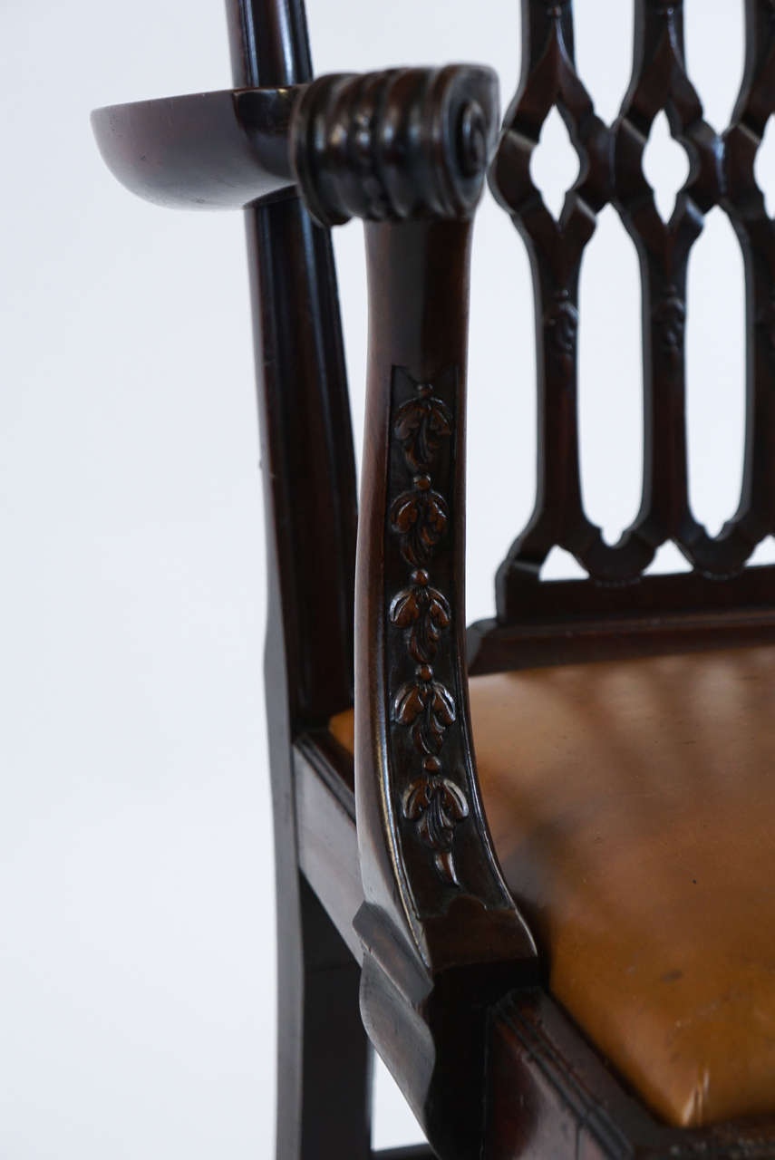 Leather Gothic Chippendale Mahogany Armchair, England, circa 1770 For Sale