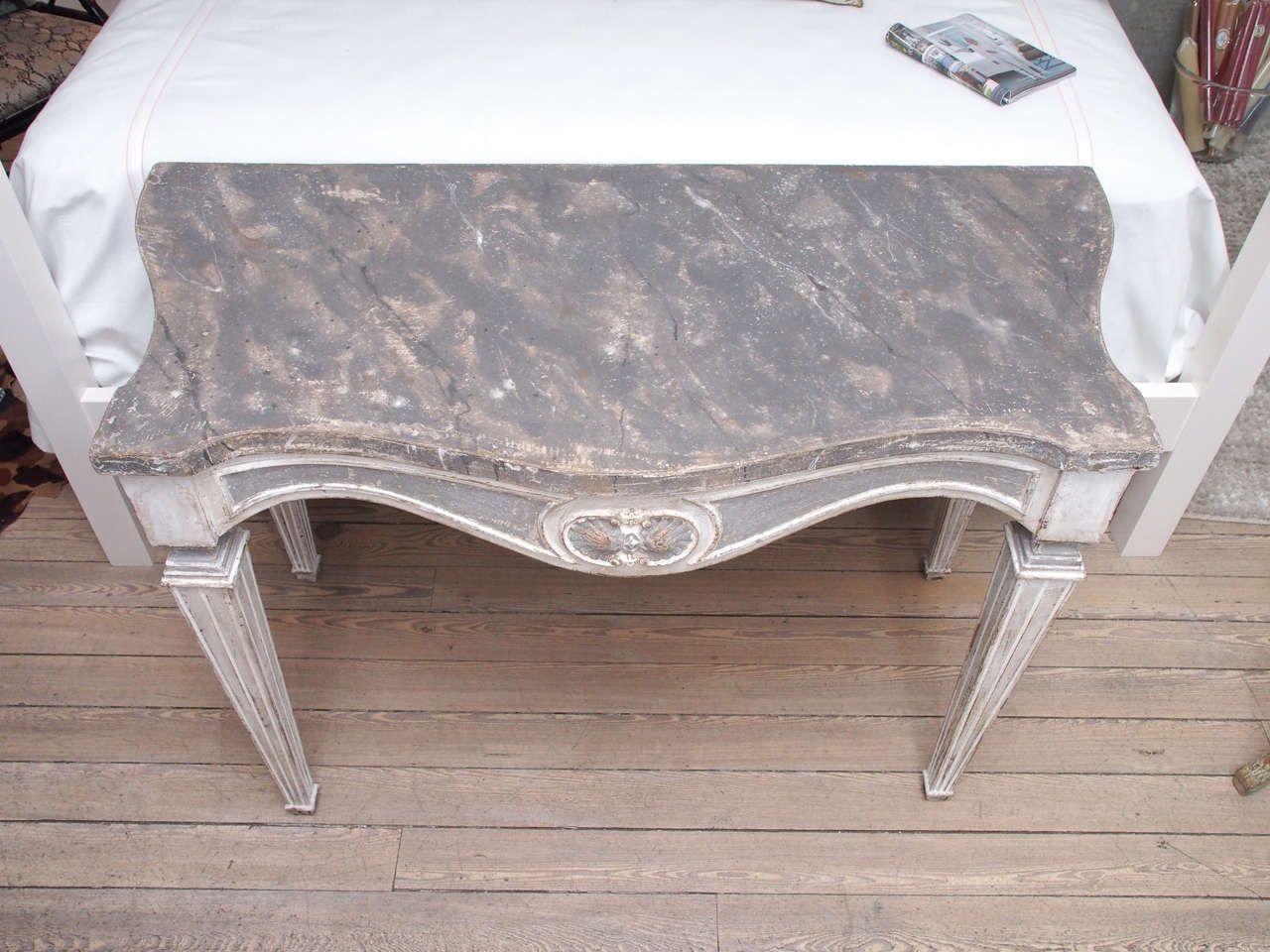 Carved Pair of 19th Century Italian Tables with Faux Marble Painted Top