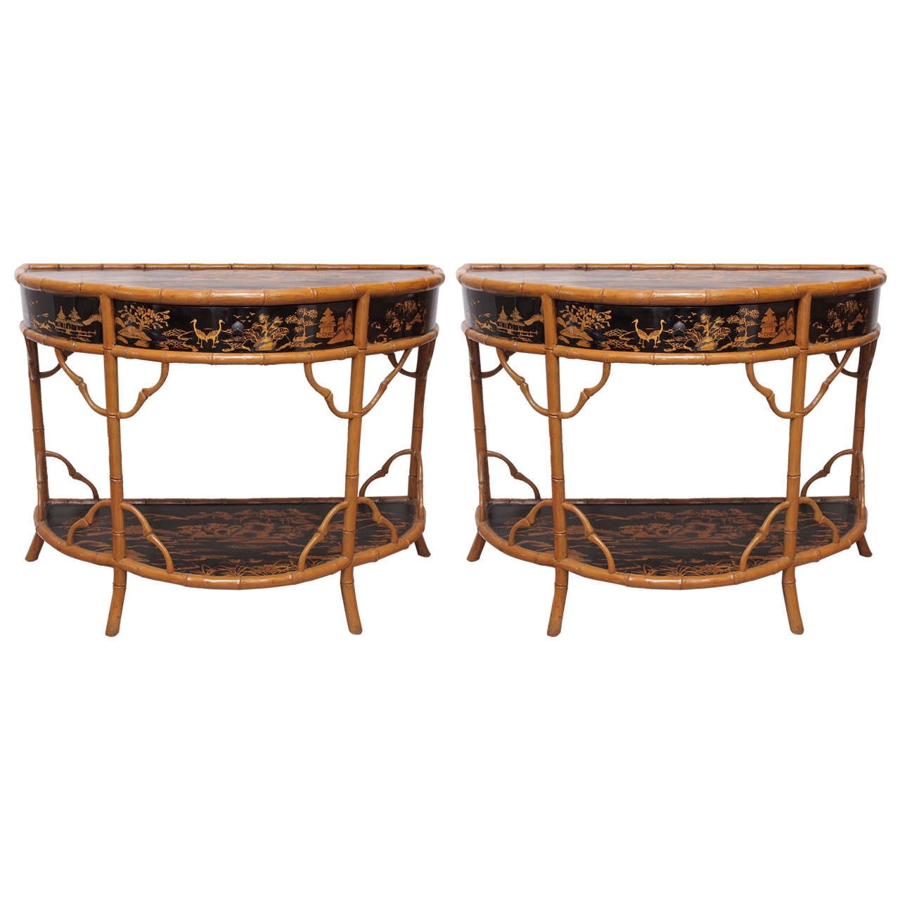 Pair of Bamboo and Chinoisserie Console Tables