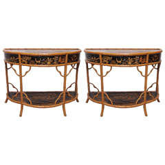 Pair of Bamboo and Chinoisserie Console Tables