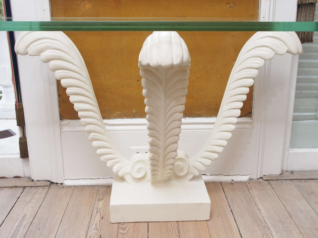 Other White Plaster Stand with Glass Top Console Table