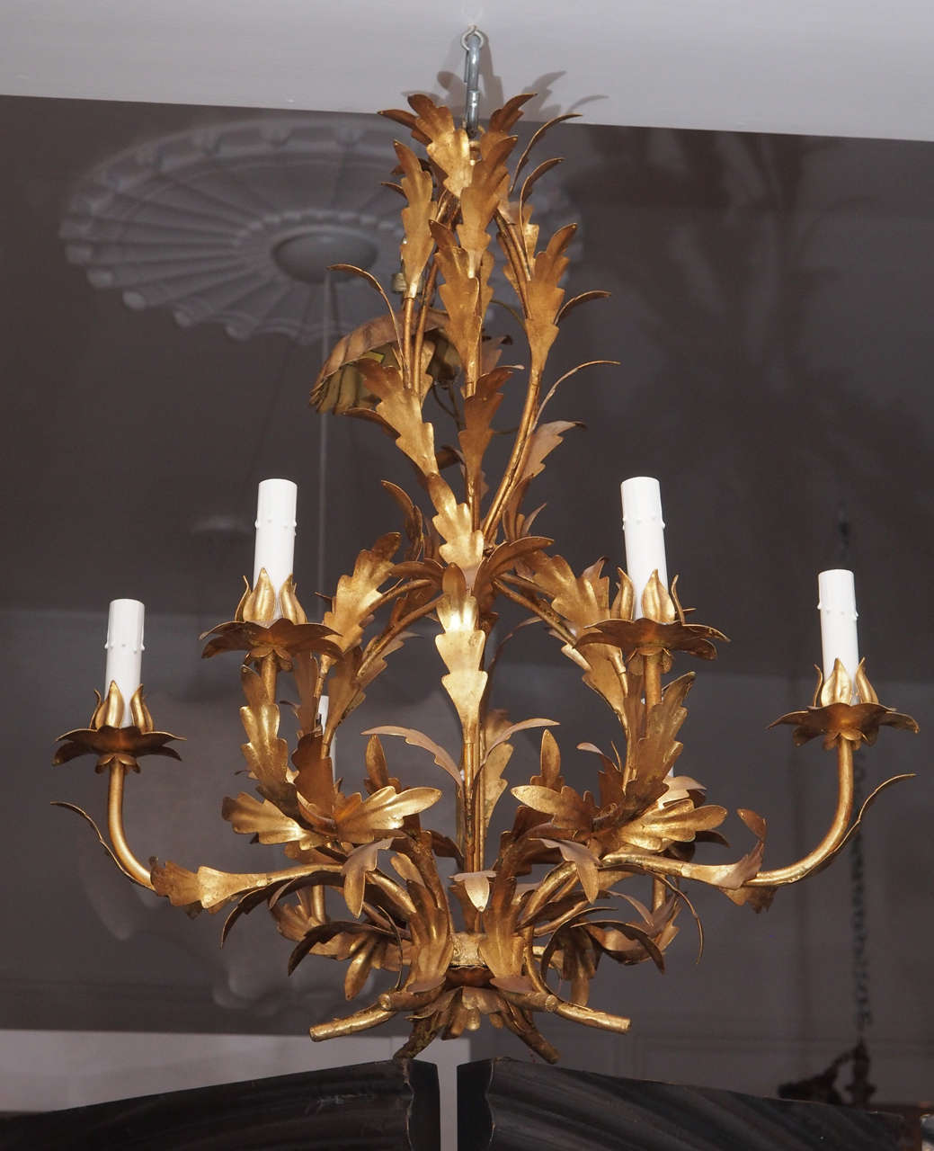 Gold brushed leaf Italian six light chandelier