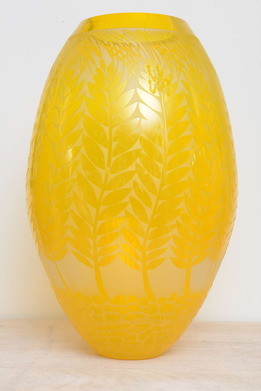 Huge, brilliant yellow etched vase by Duncan McClellan.