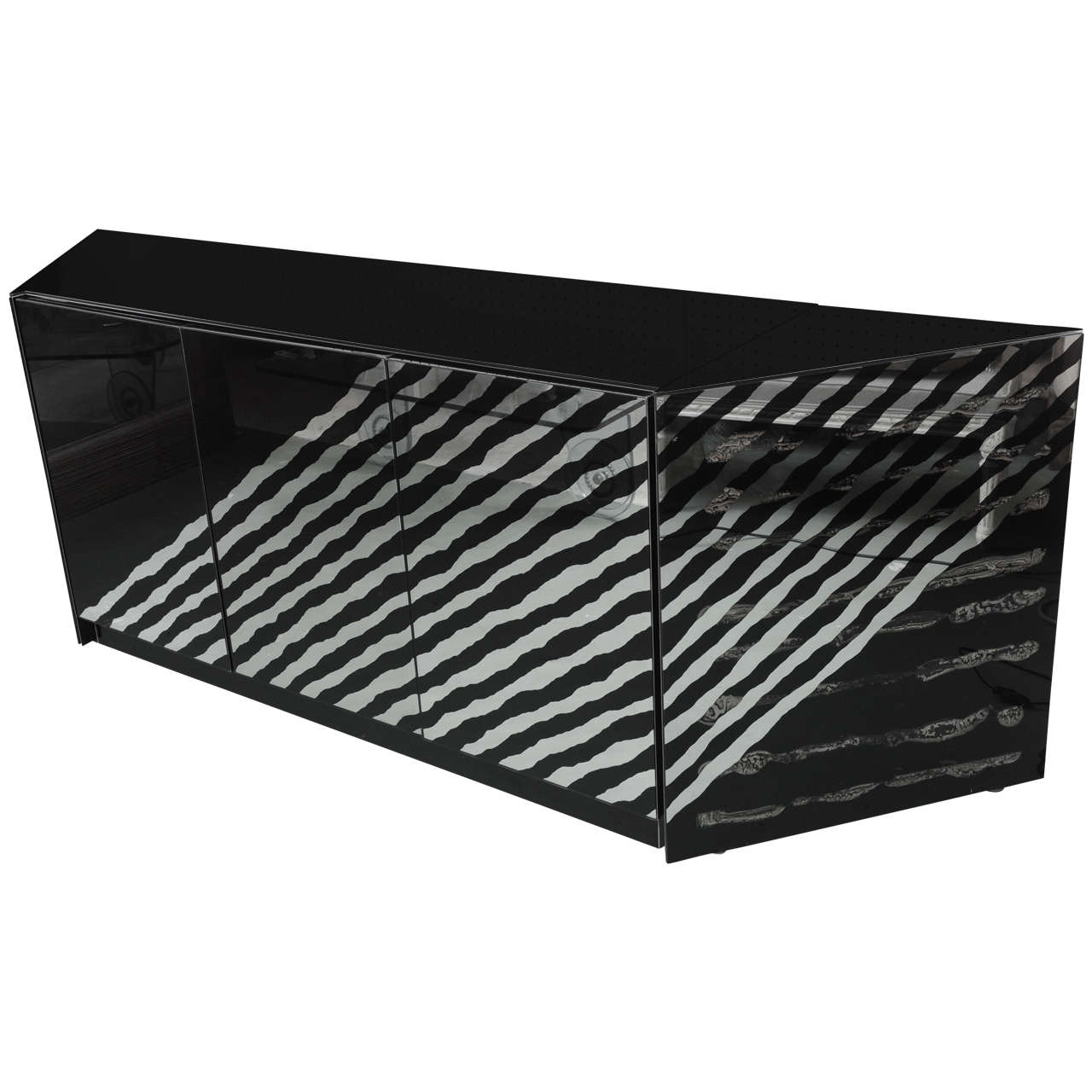 Eglomise Black Mirrored, Three-Door Credenza, circa 1980s