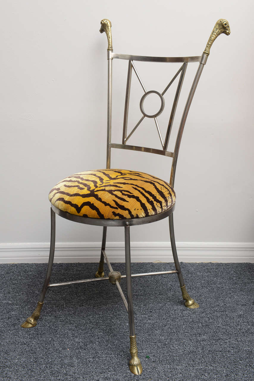 Mid-Century Modern Jansen Style Steal and Brass Chair with Ram's Mask and Hoofed Feet