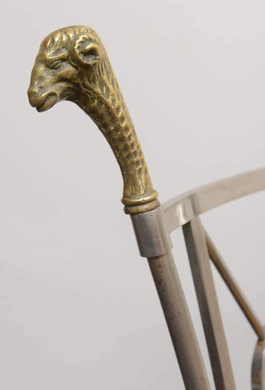 Italian Jansen Style Steal and Brass Chair with Ram's Mask and Hoofed Feet