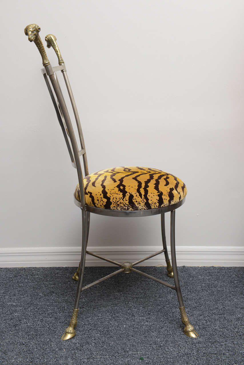 20th Century Jansen Style Steal and Brass Chair with Ram's Mask and Hoofed Feet