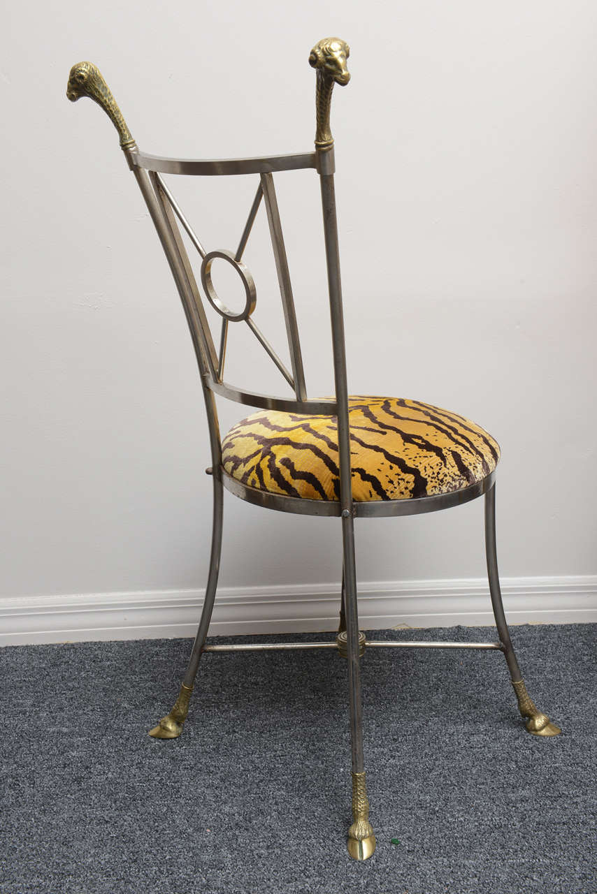 Fabric Jansen Style Steal and Brass Chair with Ram's Mask and Hoofed Feet
