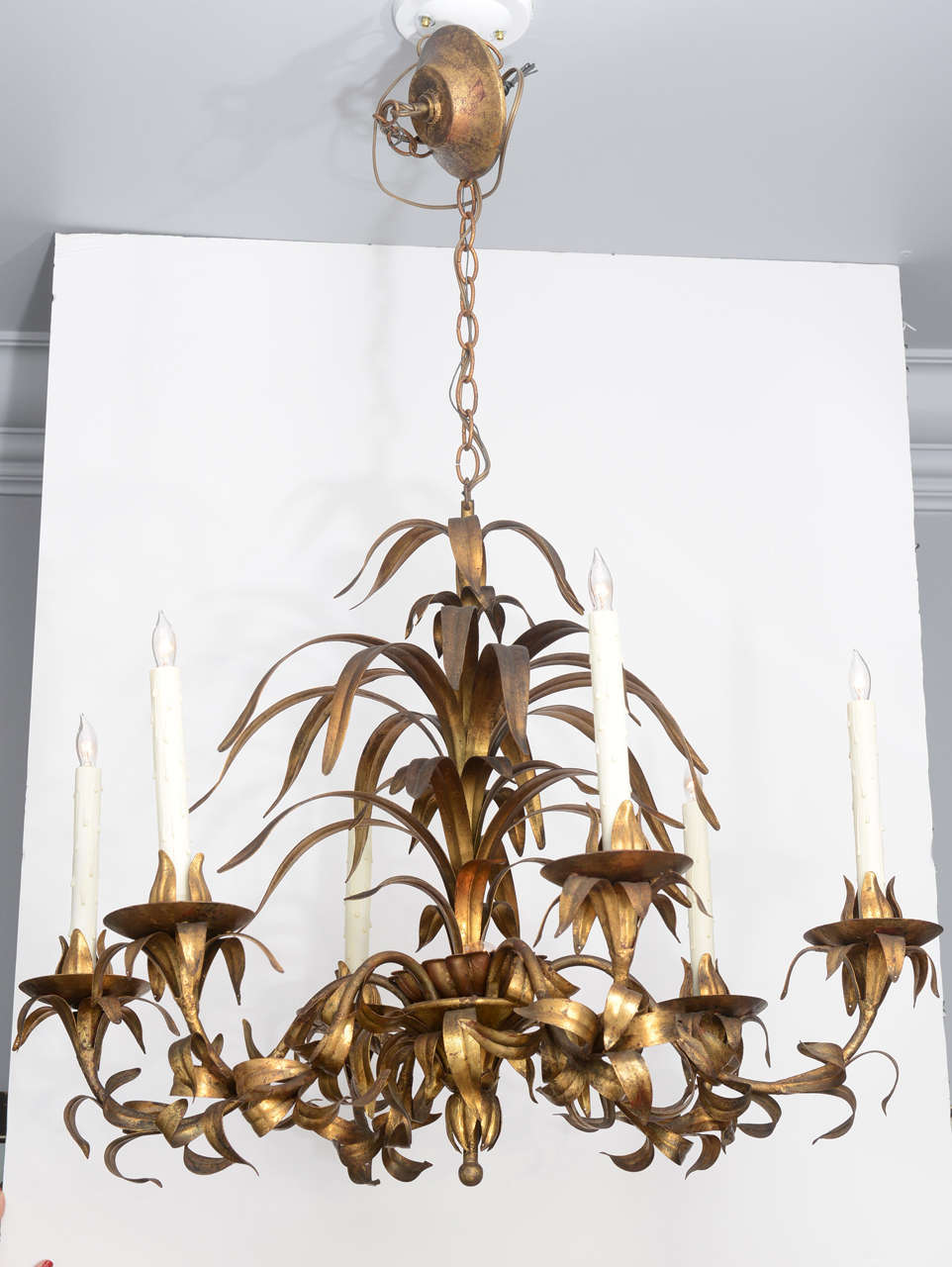 Pair Gilded Brass Metal Leaves Chandelier Totaly Rewired.