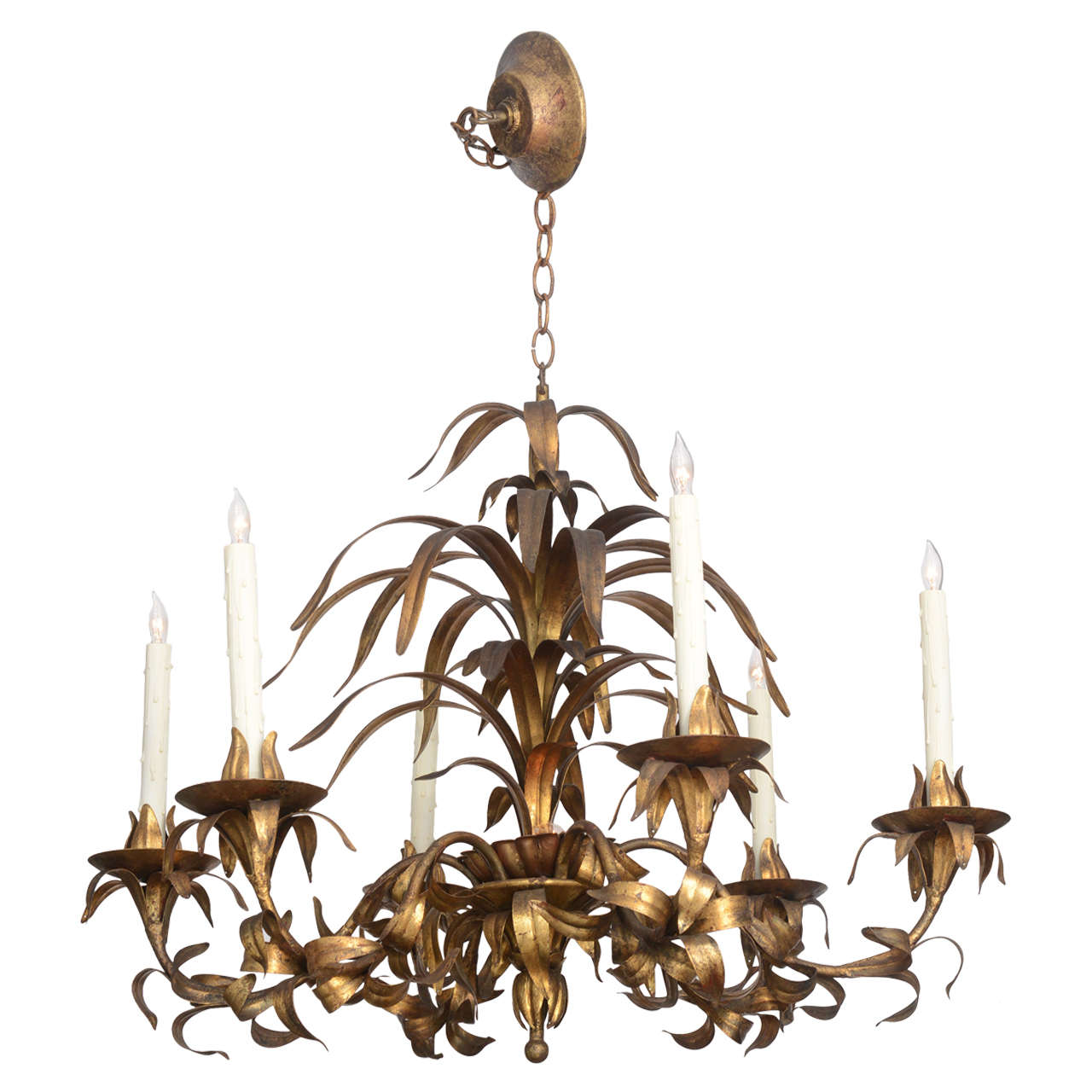 Pair 6 Lites Brass Mid Century Italian Chandeliers