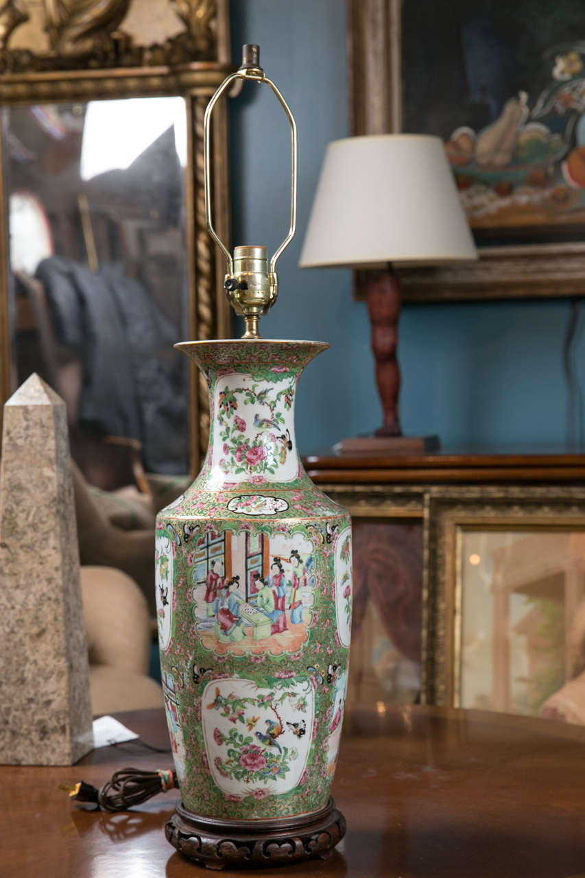 A circa 1800's rose medalion Chinese lamp, with enamel decoration.