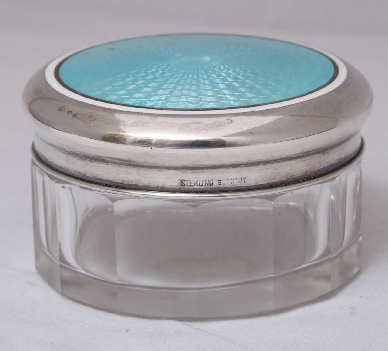 Art Deco Sterling Silver-Mounted Blue and White Guilloche Enamel Large Rouge Pot