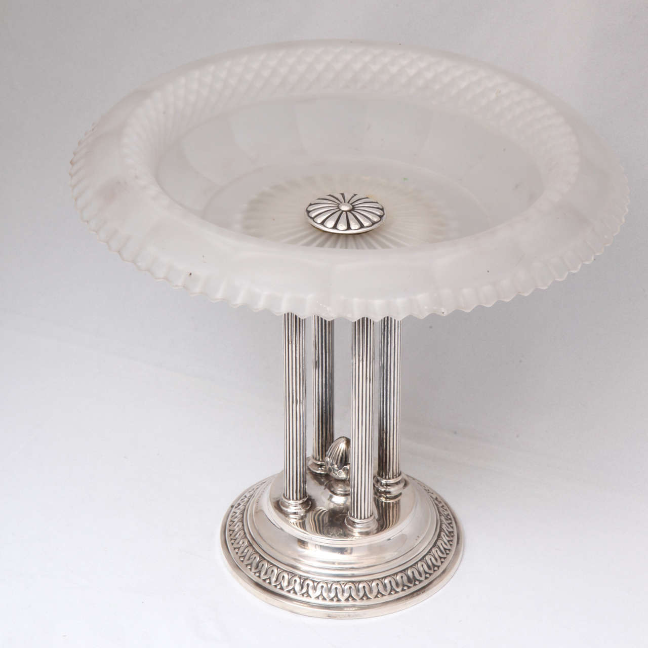 Continental silver (.800) centrepiece with stepped up base, Germany, circa 1900. Frosted bowl is mounted on four Corinthian columns or pillars. Lovely design on base and on tops of columns. Over 9 3/4