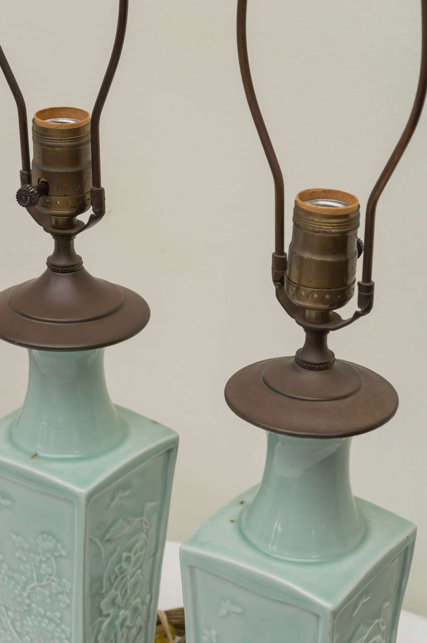 Carved Pair of Early 20th C. Chinese Poreclain Celadon Lamps