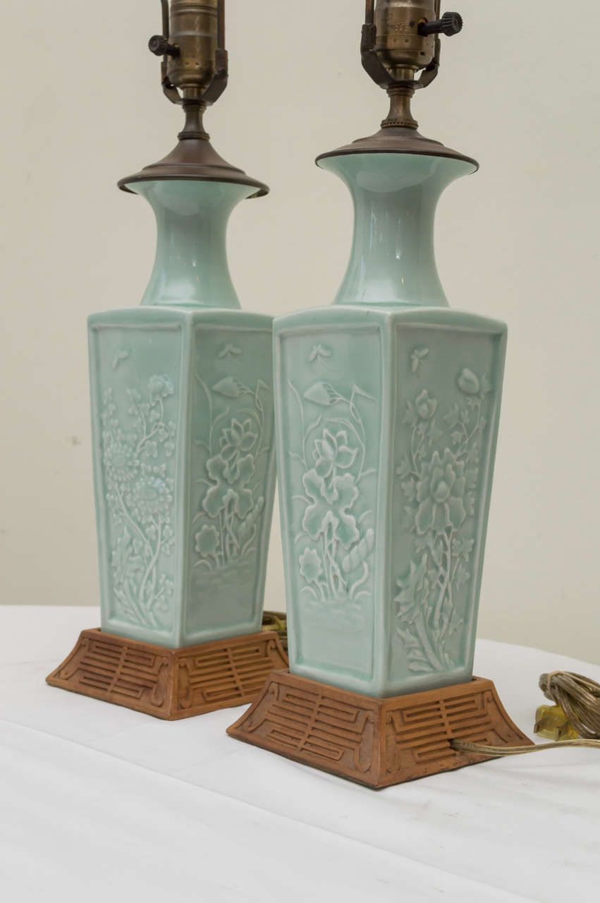 Porcelain Pair of Early 20th C. Chinese Poreclain Celadon Lamps