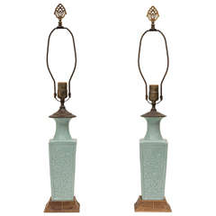 Pair of Early 20th C. Chinese Poreclain Celadon Lamps