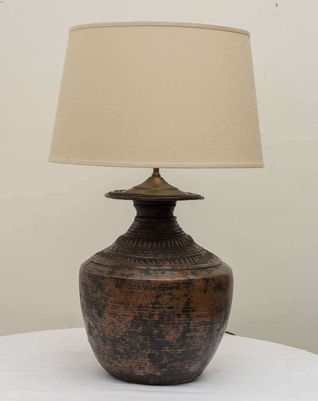 Late 19th C Primitive Indian Hammered Copper Water Vessel Lamp