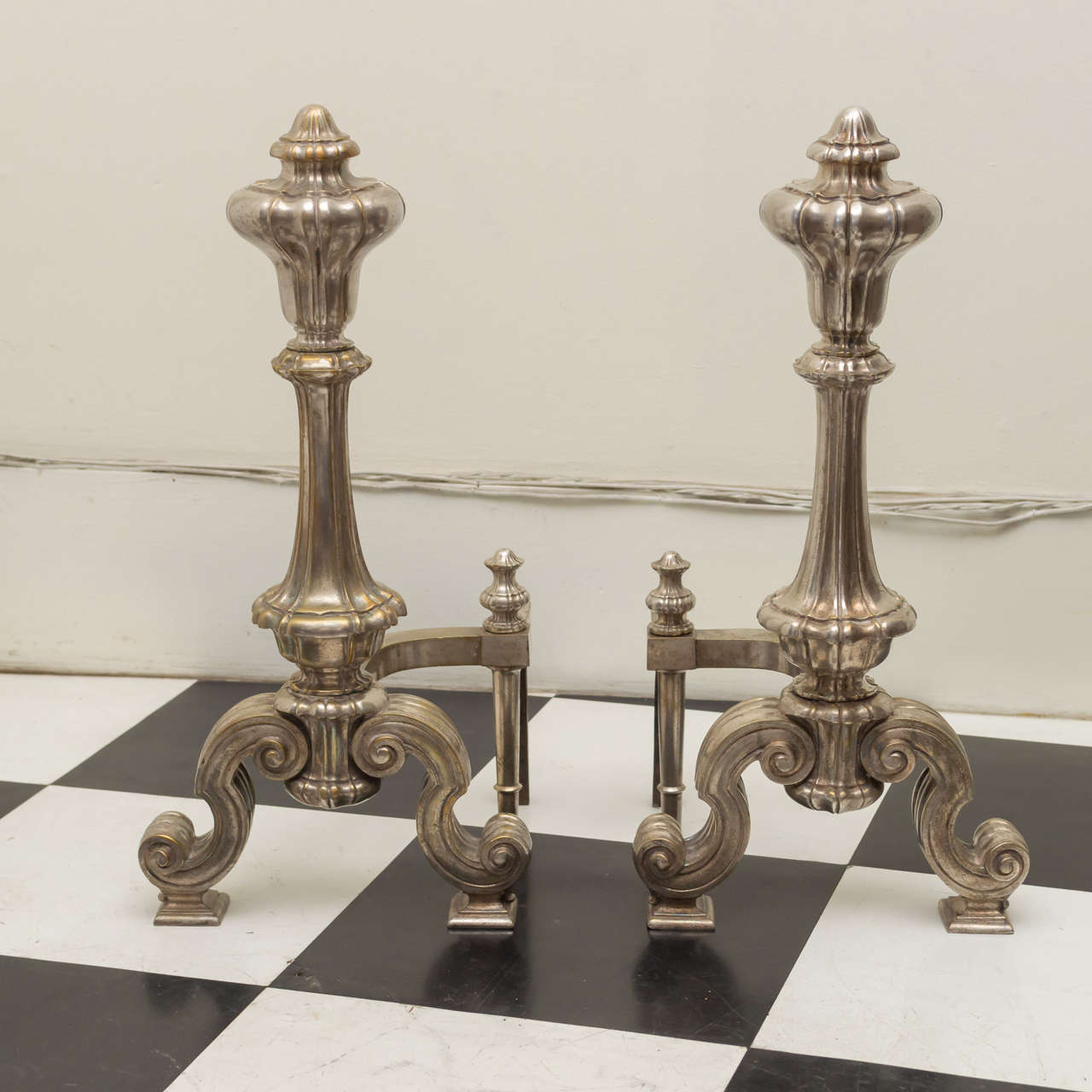Pair of 19th century French silver gilt bronze andirons in bold form Baroque Revival. Very heavy cast bronze with iron stands.